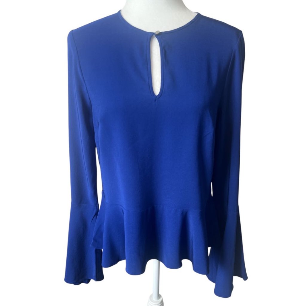 Nwt Artelier Nicole Miller Blue Keyhole Crewneck Peplum Blouse Small Reg $245